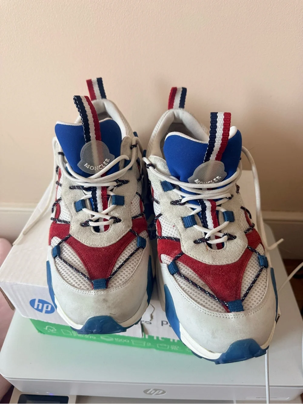 Moncler White, Red & Blue Chunky Lace-Up Sneakers